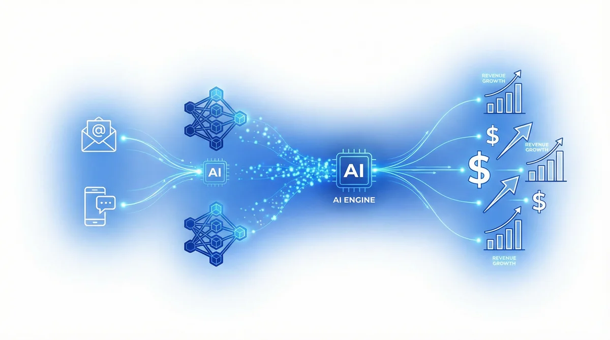 Datify.AI data flow visualization showing email and phone data being processed through AI engine to generate revenue